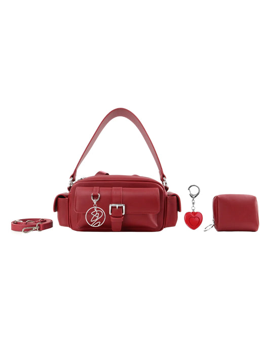 Accessible shoulder bag Adison complete set in burgundy patent-finish PU leather with pouch and alarm keychain